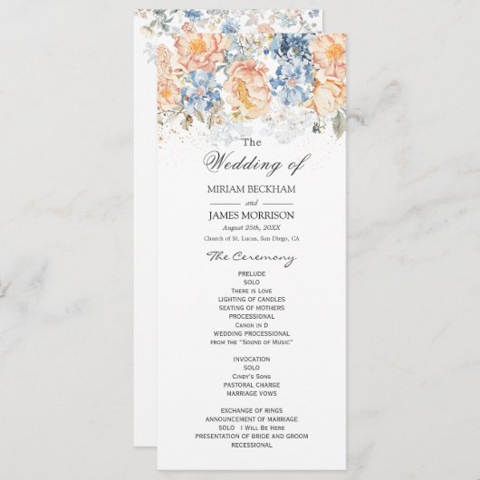 Floral Peach Blush Blue Wedding Programme (Devant / Derrière)