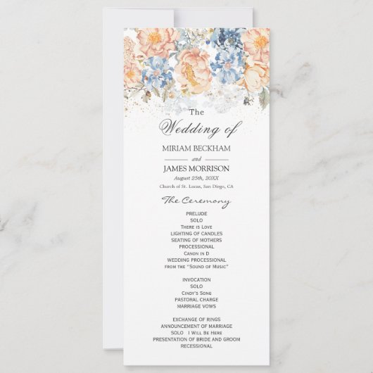 Floral Peach Blush Blue Wedding Programme (Devant)