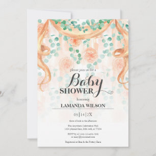 Floral Peach & Green Banner Baby shower Uitnodigin Kaart