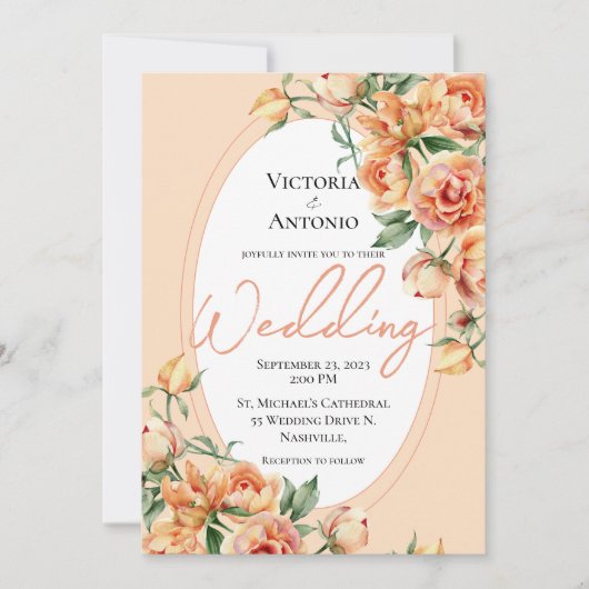 Floral Peach Modern Waterverf Wedding Kaart (Voorkant)