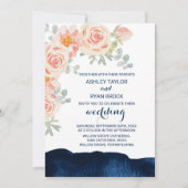 Floral Peach Pink and Navy Waterverf Wedding Kaart (Voorkant)