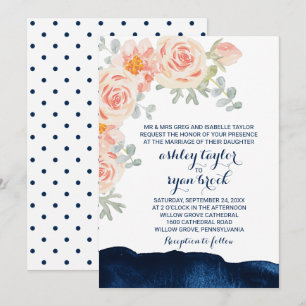 Floral Peach Pink & Navy Waterverf Formele bruilof Kaart