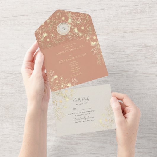 Floral Peach Terracotta Wedding All In One Uitnodiging (Afscheurbaar)