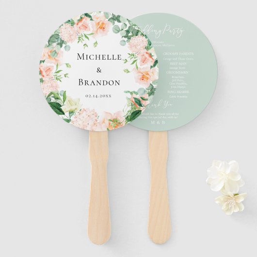 floral peach + wedding foliage handwaaier (Voorkant en achterkant)