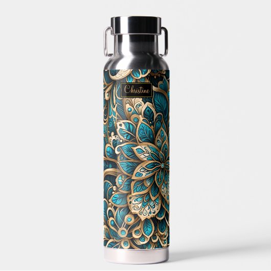 Floral Peacock Blue Mandala Waterfles (Voorkant)