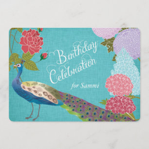 Floral Peacock op Blue Linen Birthday Invite Kaart