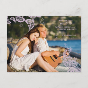  Floral Peacock Paarse Foto slaat de datum op Aankondigingskaart