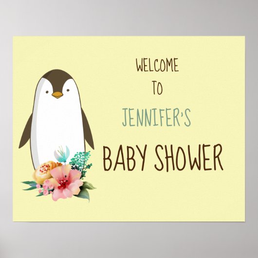 Floral Penguin Baby shower Poster (Voorkant)
