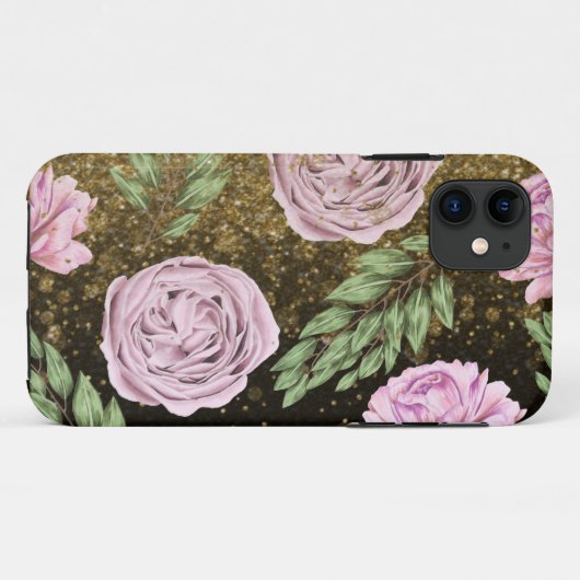 *~* Floral  Peony Glitter Black Case-Mate iPhone Case (Achterkant (horizontaal))