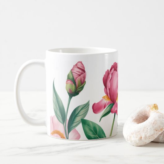 Floral Peony & Roos Garden Art Coffee Mok (Met donut)