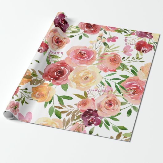 Floral Peony Rozen Pattern for her Girly Cute Cadeaupapier (Uitgerold)