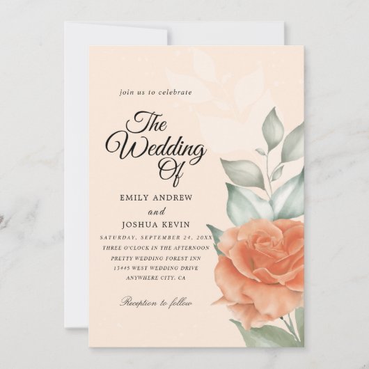Floral perach Waterverf Wedding Invitation Kaart (Voorkant)