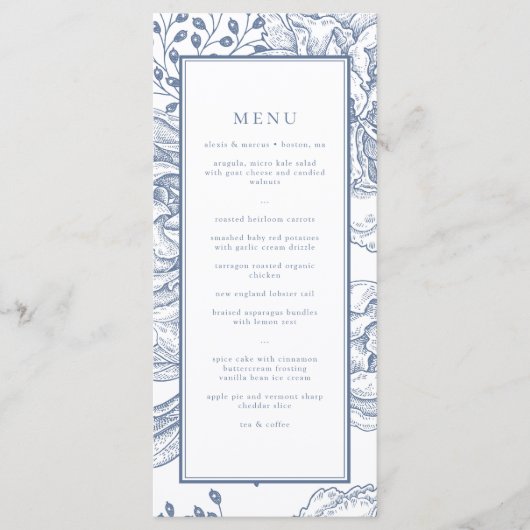 Floral Periwinkle Elégant Mariage Réception Menu (Devant)