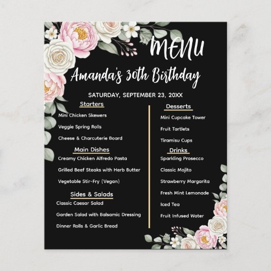 Floral Personalized Birthday Menu Program Card (Voorkant)