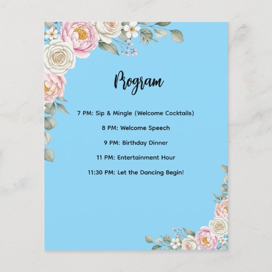 Floral Personalized Birthday Menu Program Card (Achterkant)