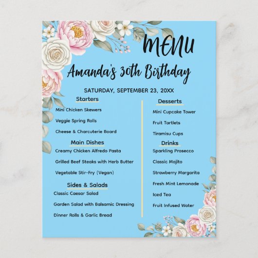 Floral Personalized Birthday Menu Program Card (Voorkant)