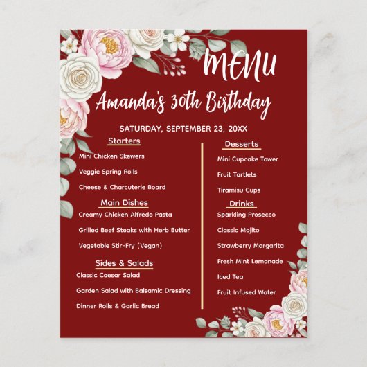 Floral Personalized Birthday Menu Program Card (Voorkant)