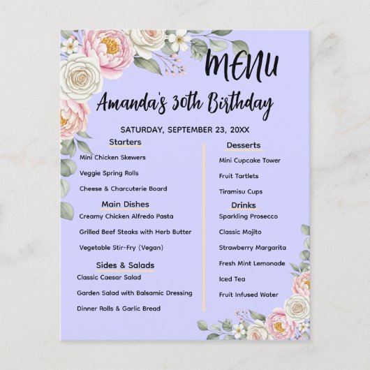 Floral Personalized Birthday Menu Program Card (Voorkant)