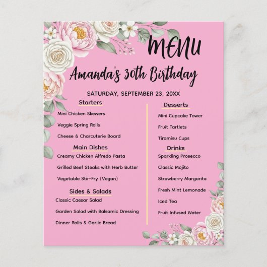 Floral Personalized Birthday Menu Program Card (Voorkant)