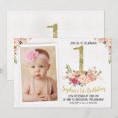 Floral Photo 1er Anniversaire Fête Invitation (Devant / Derrière)