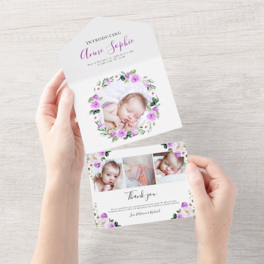 Floral Photo Birth Announge & Bedankt Card All In One Uitnodiging (Afscheurbaar)