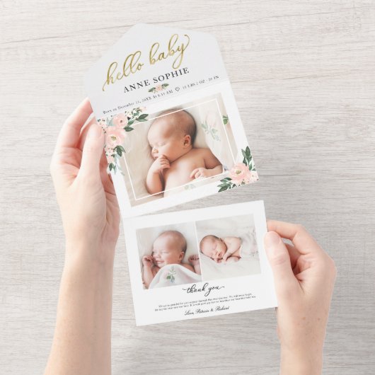 Floral Photo Birth Announge & Bedankt Card All In One Uitnodiging (Afscheurbaar)