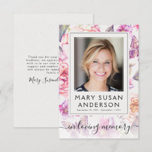 Floral Photo Funeral Memorial Merci Carte de note
