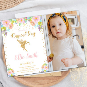 Floral Photo Magique Fée Anniversaire Invitations