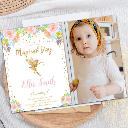 Floral Photo Magique Fée Anniversaire Invitations