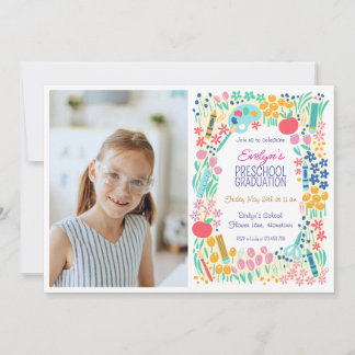 Floral Photo Preschool Graduation Invitation Kaart