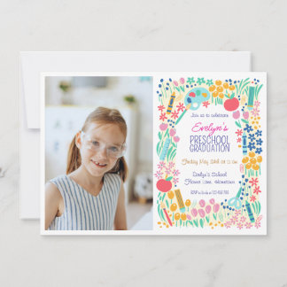 Floral Photo Preschool Graduation Invitation Kaart