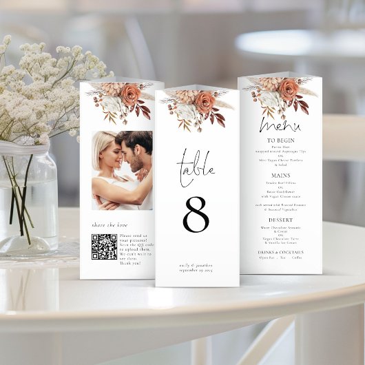 Floral Photo QR Triple Mariage Menu Table No