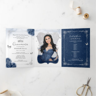 Floral Photo Silver en Navy Blue Quinceanera Drieluik Uitnodiging