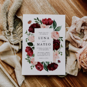 Floral Photo Wedding Burgundy and Blush Waterverf Kaart