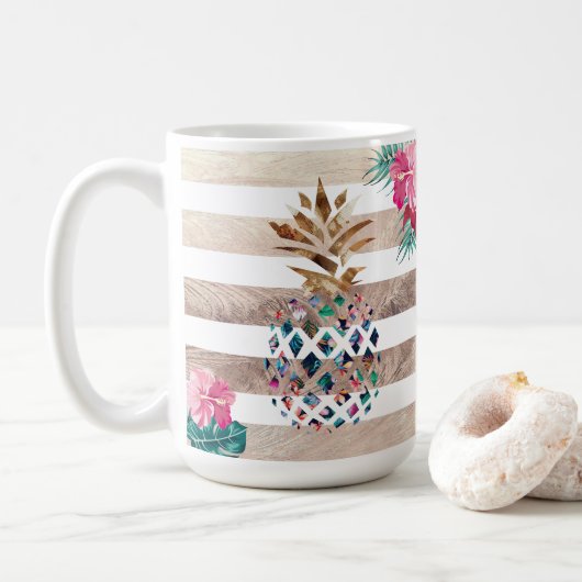 Floral Pineappelgoud gestript Koffiemok (Met donut)