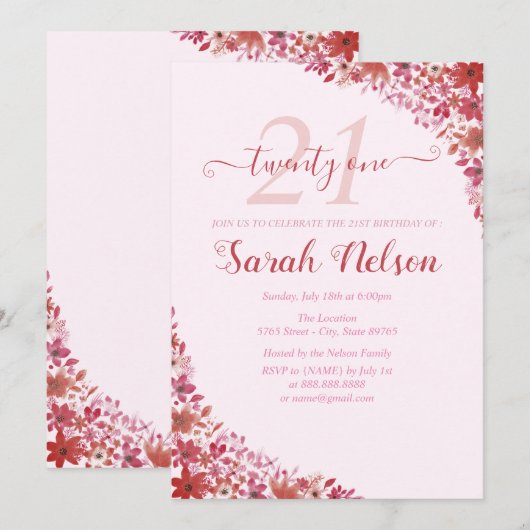 Floral Pink 21st Birthday Uitnodiging (Voorkant / Achterkant)