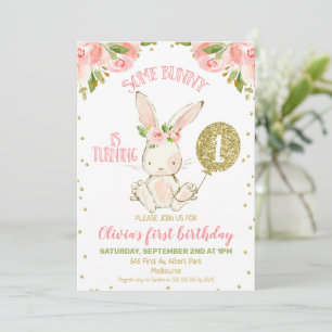 Floral Pink and Gold Bunny 1st Birthday Kaart