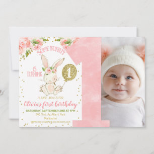 Floral Pink and Gold Photo Bunny 1st Birthday Kaart