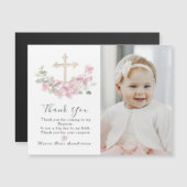 Floral Pink Baptism Cross Thank you Photo Magnet (Devant / Derrière)