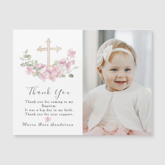 Floral Pink Baptism Cross Thank you Photo Magnet (Devant)