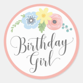 Floral Pink Birthday Girl Baby & Kinder Partij Ronde Sticker