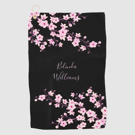 Floral Pink Black Cherry Blossom Monogram Golfhanddoek (Voorkant)
