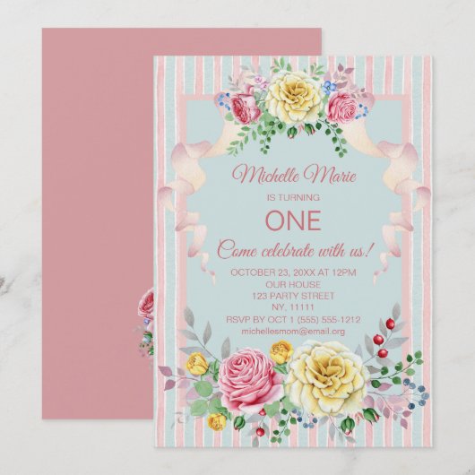  Floral Pink Blue First Birthday Kaart (Voorkant / Achterkant)