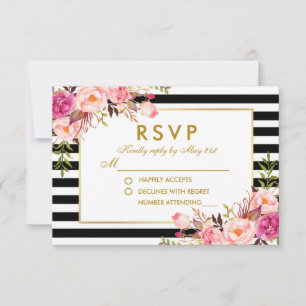 Floral Pink Blush Gold Black Stripes RSVP Weddensc Kaartje