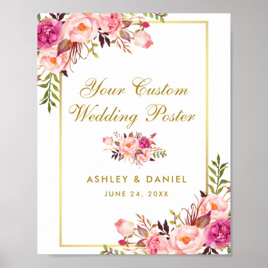Floral Pink Blush Gold Wedding Custom Poster (Voorkant)