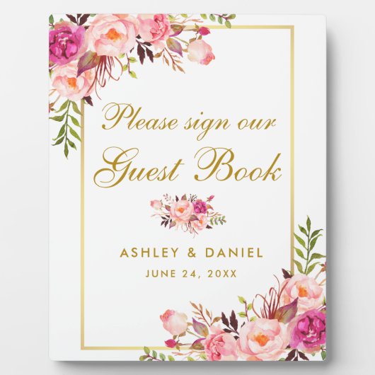 Floral Pink Blush Gold Wedding Guest Book Fotoplaat (Voorkant)