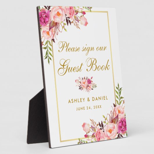 Floral Pink Blush Gold Wedding Guest Book Fotoplaat (Zijkant)
