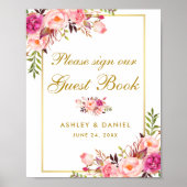 Floral Pink Blush Gold Wedding Guest Book Poster (Voorkant)