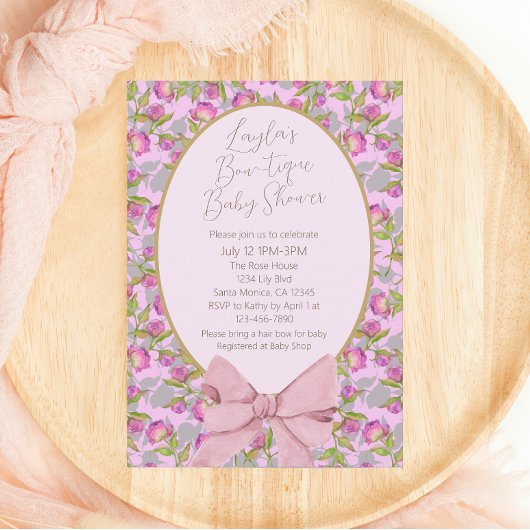  Floral Pink Bow Baby shower Kaart