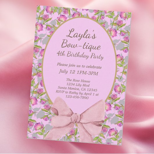  Floral Pink Bow Boutique Birthday Party Kaart